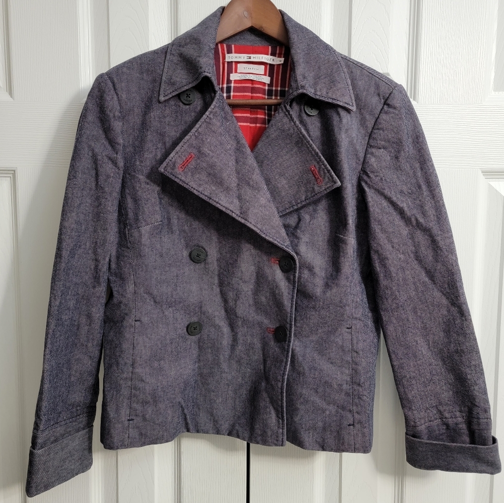 Tommy Hilfiger Stretch Vintage Jacket Blue with Plaid Lining, Women's Size 8